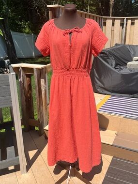 Pact Organic Coastal Double Gauze Boho Midi Dress Kumquat Orange Size L Cotton